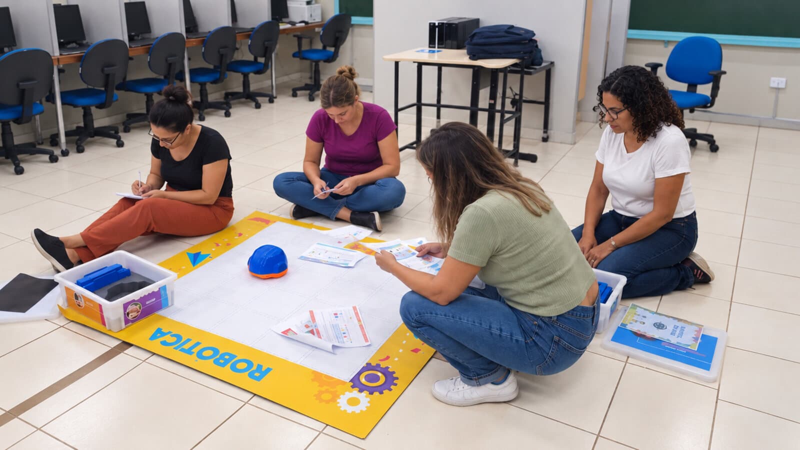 Formação de professores com o kit ROB, em roda sobre o tapete de atividades