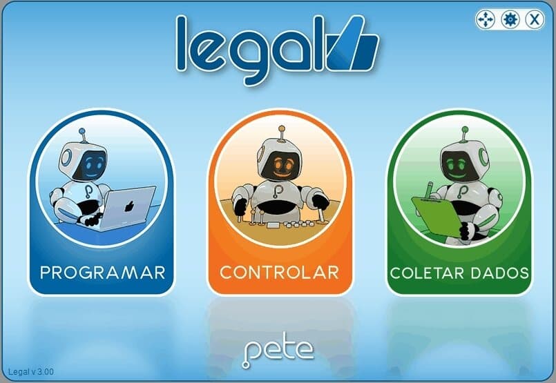 Tela inicial do software LEGAL com as opções Programar, Controlar e Coletar dados